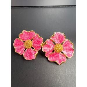 Vintage Avon Pink Dogwood Clip On Earrings Gold Tone Enamel Floral